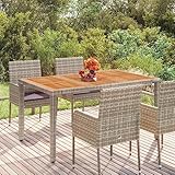 puraday Gartentisch mit Holzplatte Grau 150x90x75 cm Poly Rattan Gartentisch Rattan Dining Table Couchtisch Outdoor Esszimmertisch Gartenmöbel Wetterfest Rattan BalkonmöBel Rattan Couchtisch