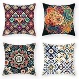 Kissenbezug 60x60cm 4er Set Mandala-Nationalstil Sofakissen Leinen Kissenbezüge QuadratKissenhülle Dekokissen mit Verstecktem Reißverschluss kopfkissenbezug für Schlafzimmer Wohnzimmer Garten Y323