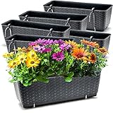 BigDean 6er Set Blumenkästen für Balkon-Geländer - Rattan-Optik - Anthrazit - Balkonkästen mit Metall-Halterungen - 49 x 17 x 17 cm - inkl. Bewässerungssystem