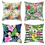 Outdoor Kissen Wasserdichter Kissenbezug 50x50 cm Kissenbezüge 4er Set Leinen Dekorativ Kissenhüllen Quadratische Kopfkissenbezug Sofa Kissen Zierkissen Pillow Cover Garten Deko Grüner Blattdruck6 C7
