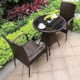 JHKZUDG Rattan-Essmöbel-Set,3-Teilige Rattan-Gartenmöbel,Korbterrassenmöbel-Sets,Mit Einem Couchtisch Aus Glas Und 2 Stühlen,Für Garten, Hof, Balkon, Pool
