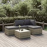 BULANED 5-TLG. Garten-Lounge-Set mit Kissen, Terrassen Möbel, Balkonmöbel Set, Gartenlounge, Sitzecke Balkon, Balkonset, Grau Poly Rattan