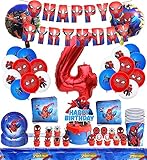 PQKL-party Spider Geburtstagsdeko, Spider Deko Geburtstag Kinder, 88Pcs Spider Partygeschirr, Tortendeko Luftballons Tischdecke Servietten Spider Party, Supplies Zubehör 4 Jahre Kindergeburtstag