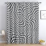 THYUNQ Vorhänge Schwarz Weiß Kariert Motiv, Vorhang Blickdicht Verdunklungsvorhänge mit Ösen - Gardinen Wohnzimmer Schlafzimmer Fenster, 2er Set Curtains, H 200 x B 140 cm