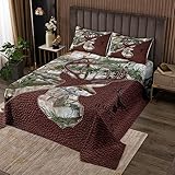 feelingyou Hirsch Geweih Bettwäsche für Kinder Jungen, Wild Elch Tier Bäume Natürliche Abdeckung Set Zimmer Dekor Bettbezug, braunes Leder Patchwork Quilt Set mit 1 Kissen Sham, S Größe
