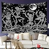 Color Duty Lustiger Skelett-Wandteppich, Wandbehang, 203.2x152.4 cm, Fantasy-Totenkopf, Musik-Wandteppich, Galaktischer Stern, schwarz-weiß, Hippie-Gothic, Wohnzimmer, Wohnheim GTLSCD66