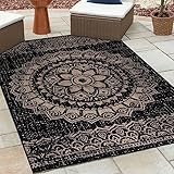 HomebyHome Outdoor Teppich Wetterfest 160x230 cm Sisal Optik Streifen Design Rechteckig Schwarz - Balkon Teppich Wasserfest Wascbarer Küchenteppich - Garten, Terasse, Camping, Außen, Balcony Carpet
