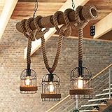 Rustikal Hanfseil Eisen Leuchter Pendelleuchte Retro Vintage Seilleuchte Seil Lichter Kronleuchter Runde Hängend Eisen Käfig Hängelampe, Rahmen Handgewebt Deckenlampe Beleuchtung