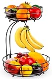 2 Stöckig Obstkorb mit Bananenhalter, Stehend Täglicher Küche moderne Obstschale, praktischer Obstkörbe Gemüsekorb aus Metall, Schwarz