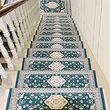 Ommda Stufenmatten Innen Rechteckig Set Selbstklebend 15 Stück Treppenstufen Matten Orientalischer Jacquard Anti Rutsch Waschbar Treppenschutz Blau,30x85cm 15pc