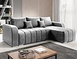 ML Furniture Ltd Velvet Ecksofa in L-Form 245 x 86 x 147 cm mit Schlaffunktion und Bettzeugbehälter - Schlafsofa mit Bettkasten - Eckcouch mit Stauraum - Rechts Couch Velours - Farbe: Grau MO84