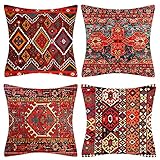 Dekorative Kissenbezüge 40 x 40 cm 4er Set Stammes-Abstraktes Rot Orientalisch Kissenbezug Teppich Muster Kissen Dekokissen Böhmischen Kissenhüllen Leinenkissen Sofa Deko