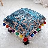 ZZenSmot Boho Holz Bunt Quaste Sitzhocker Leinenstoff Kleiner Fußhocker Schuhwechselhocker Für Lebend Zimmer Schlafzimmer Eingangsbereich Korridor-Und 30x30x22cm(12x12x9inch)