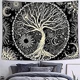 Arawat Wandteppich Baum des Lebens Wandtuch Lebensbaum Schwarz Weiß Wandteppich Mond Sonne Wanddeko Psychedelic Teppich Gothic Wandteppiche Trippy Tapestry Wandtuch Wandbehang Wand Deko (150 x 130cm)