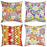 4er Set Groovy Blume Wurf Kissenbezüge, Retro Floral Boho Kissenbezug für Home Wohnzimmer Dekor, Reversible 70S Hippie Blumen Dekorative Wurf Kissenbezug, Kopfkissenbezug Kissenbezüge 40x40cm