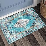 Urtlmaji Orientalischer Medaillon-Teppich, 5x7.6 cm, waschbar, kleiner Teppich, rutschfest, Niederflor-Fußmatte, Vintage-Boho-Blumenmuster, für Küche, Schlafzimmer, Eingang, Waschbecken (Aqua)