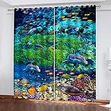 SATUSA Verdunkelungsvorhang Kinderzimmer Junge Mädchen Blickdichter Ösenvorhang 3D Unterwasserkorallenwal Muster Ösenschal 2Er Set 140X160Cm Vorhänge Schlafzimmer Thermo Gardinen Fensterdekoration
