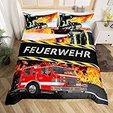 SELIDO Bettwäsche 200x220 cm Kuschelig Weiche Microfaser 3D Druck Feuerwehrauto Bettwäsche-Sets Flamme Bettbezug + 2 Kissenbezug 80x80 cm mit Reißverschluss