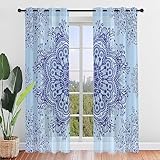 Hiseng Voile Vorhänge mit Ösen, Gardinen Halbtransparent 2er Set, Vorhang Boho Gardinenschals Ösenschal Gardinen Wohnzimmer 3D-Farbmandala-Druck Curtains mit Schlaufen (107x244cm,Königsblau)