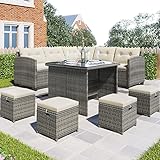 Kayan Polyrattan Lounge Set, 8-teiliges Gartenmöbel-Set, Terrassenmöbel-Set, Allwetter-Rattan-Sofa mit Esstisch und Stuhl und 4 Ottomanen, Gartenlounge wetterfest bis 9 Personen (Beige)