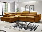 ML Furniture Ltd Avatar Velvet Ecksofa in L-Form 277 x 73 x 203 cm mit Schlaffunktion und Bettzeugbehälter - Schlafsofa mit Bettkasten - Eckcouch mit Stauraum - Rechts - Farbe: Monolith Senf (MO48)