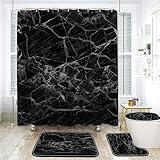 KYHATS Schwarzer Marmor Duschvorhang mit Badteppich-Sets, 4 Stück Muster Badezimmer Dekor Toilettensitzbezug, saugfähige Standpolster und wasserdichte Vorhänge + Haken, 180 x 180 cm