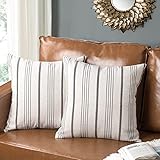 AELS Dekorativer Kissenbezug im Bauernhaus-Design, modern, rechteckig, Lendenkissen, 45,7 x 45,7 cm, cremefarben mit grauen Streifen, strukturierter Leinen-Kissenbezug für Sofa, Couch, Wohnzimmer (nur