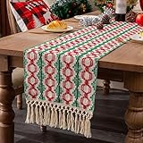 DUAE Table Runner,Weihnachts-Tischläufer Rot-Grüne Zopf-Tischläufer Mit Bindequaste Für Boho-Restaurant-Tisch Geburtstagsparty-Dekoration Möbel-Dekor Hintergrundstoff 33 X 120 cm (13 X 47 Zoll)