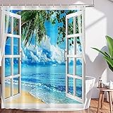 BBOVOBB Seaside Sea Beach Wave Coconut Tree Duschvorhänge Badezimmervorhang Frabic Wasserdichter Polyester-Badevorhang mit Haken 175 x 178 cm (B x H) Duschvorhang