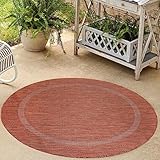 HomebyHome Waschbarer In & Outdoor Teppich Wetterfest 120 cm Rund Kupfer - Balkon Teppich Wasserfest - Teppich Küche 120 cm Rund Bordüre Design Camping Garten Terasse