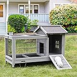 Kaninchenstall aus Holz Draußen Drinnen Kaninchenkäfig Haus, Beweglicher Hasenstall mit Rädern， Kleintierkäfig sicherung mit Schloss