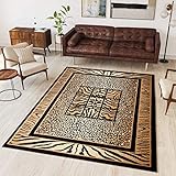 TAPISO Atlas Teppich Kurzflor Wohnzimmer Schlafzimmer Afrika Tiermuster Tiger Leopard Braun Beige Schwarz Bordüre ÖKOTEX 300 x 400 cm