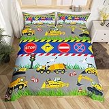 Construction LKW Bettwäsche Set 155x220cm Bagger Bettbezug Set für Jungen Mädchen SchlafDekor Schwer Maschinen Auto Betten Set Frauen Männer Verkehr Zeichen Bettdeckenbezug Mit 1 Kussenbezug