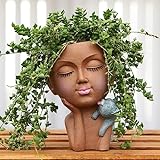 Gesichts-Pflanztöpfe mit Kopf, Übertopf, kleine Blumentöpfe für den Innenbereich, Blumentopf, Statue, Blumentöpfe für Frauen, Heimdekoration mit Drainage (17.8 cm, braun)