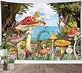 LB Wandteppich Lustiger Frosch auf Pilz Wandtuch Bunte Blume Grün Wald Blaues Meer Wandbehang Märchenhafte Küste Tapisserie für Wohnzimmer Schlafzimmer Wohnheim Wanddeko,150x100cm