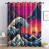 THYUNQ Vorhänge Japanische Motiv, Vorhang Blickdicht Verdunklungsvorhänge mit Ösen - Gardinen Wohnzimmer Schlafzimmer Fenster, 2er Set Curtains, H 200 x B 140 cm