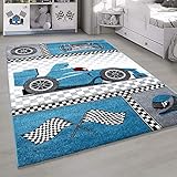 HomebyHome Kinderteppich Kurzflor Formel 1 Rennwagen Design Kinderzimmer Babyzimmer Spielzimmer 11 mm Florhöhe Weich Rechteckig Läufer Blau, Farbe:Blau, Grösse:160x230 cm