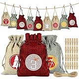 Adventskalender zum Befüllen Säckchen, 24 Weihnachtskalender Stoffbeutel, Adventskalender Säckchen Wiederverwendbar, Weihnachtskalender Jutesäckchen, Adventskalender Stoffsäckchen