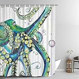 Alishomtll Duschvorhang Textil Duschvorhang Soff mit Ringen 175x178cm, Krake Duschvorhang Badewanne Digitaldruck Anti Schimmel Krake, Kinder Duschvorhang, Polyester