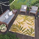 TAPISO Patio Teppich Terrasse Flachgewebe Wasserfest Outdoor Indoor Küche Wohnzimmer Creme Grün Gelb Blätter Sisal Strapazierfähig 200 x 300 cm