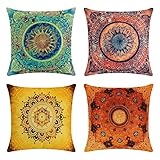 tronisky 4er Set Dekorativ Kissenbezug Kissenhülle, Indische Hippie Böhmischen Mandala Blume Muster Dekokissen Kissenbezüge aus Baumwolle Leinen Kissen Fall für Sofa Home Dekor, 45x45 cm