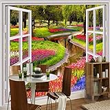 FBITE 3D Wandmalerei für Wohnzimmer Fototapete für Wände 3 D Stereo Große Wandmalereien Fenster Grüne Blumen Creek Wohnzimmer Schlafsofa Schlafzimmer Tapete 400x280cm