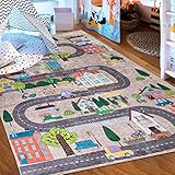 Mazovia Kinderzimmerteppich Antirutsch - Waschbar bis 30 Grad - Spielteppich Straße Stadt Straßenteppich - Kurzflor Kinderteppich für Kinderzimmer - ÖKO-TEX - Beige Creme Bunt 160 x 230 cm