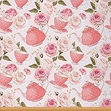 Blumenstoff Meterware Rosenstoff Romantische Rosen Teetassen Polsterstoff für Stühle Romantischer Garten Retro Stil Nachmittag Tea Print Dekorativer Wasserdichter Draussen Stoff Rosa 920 x 150 (HxB)
