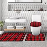 rutschfeste Badematte, 3-teiliges Badezimmerteppich Set,Vintage rot Schottland Wallace Tartan schottische Plaid kariert gelb schwarz Dia,weicher WC-Vorleger, rutschfeste Duschmatte und WC-Vorleger-Set