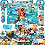 Moana Partyzubehörset,115pcs Vaiana Geburtstagsdeko & Moana Thema Geschirr Set - Moana Geburtstag Servietten Teller Tassen Hintergrund Luftballons Kuchen Deko etc Moana Geburtstag Party Supplies