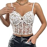 Segreto Damen-Korsett, durchsichtiges Netzgewebe, Blumenmuster, bestickt, Spaghetti-Träger, Push-Up-Bralette, bauchfreies Top, Camisole, Weiß, Klein