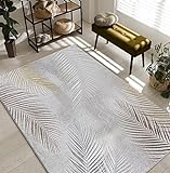 the carpet Mila moderner Teppich Wohnzimmer, elegant glänzender Kurzflor Wohnzimmerteppich in Grau mit Gold Silber Feder Muster, Teppich 80 x 150 cm