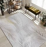 the carpet Mila moderner Teppich Wohnzimmer, elegant glänzender Kurzflor Wohnzimmerteppich in Grau mit Gold Silber Feder Muster, Teppich 200 x 290 cm