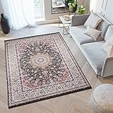 TAPISO Victoria Teppich Kurzflor rutschfest Waschbar Grau Creme Ornament Bordüre Traditionell Fransenteppich Wohnzimmer Schlafzimmer ÖKOTEX 160 x 230 cm